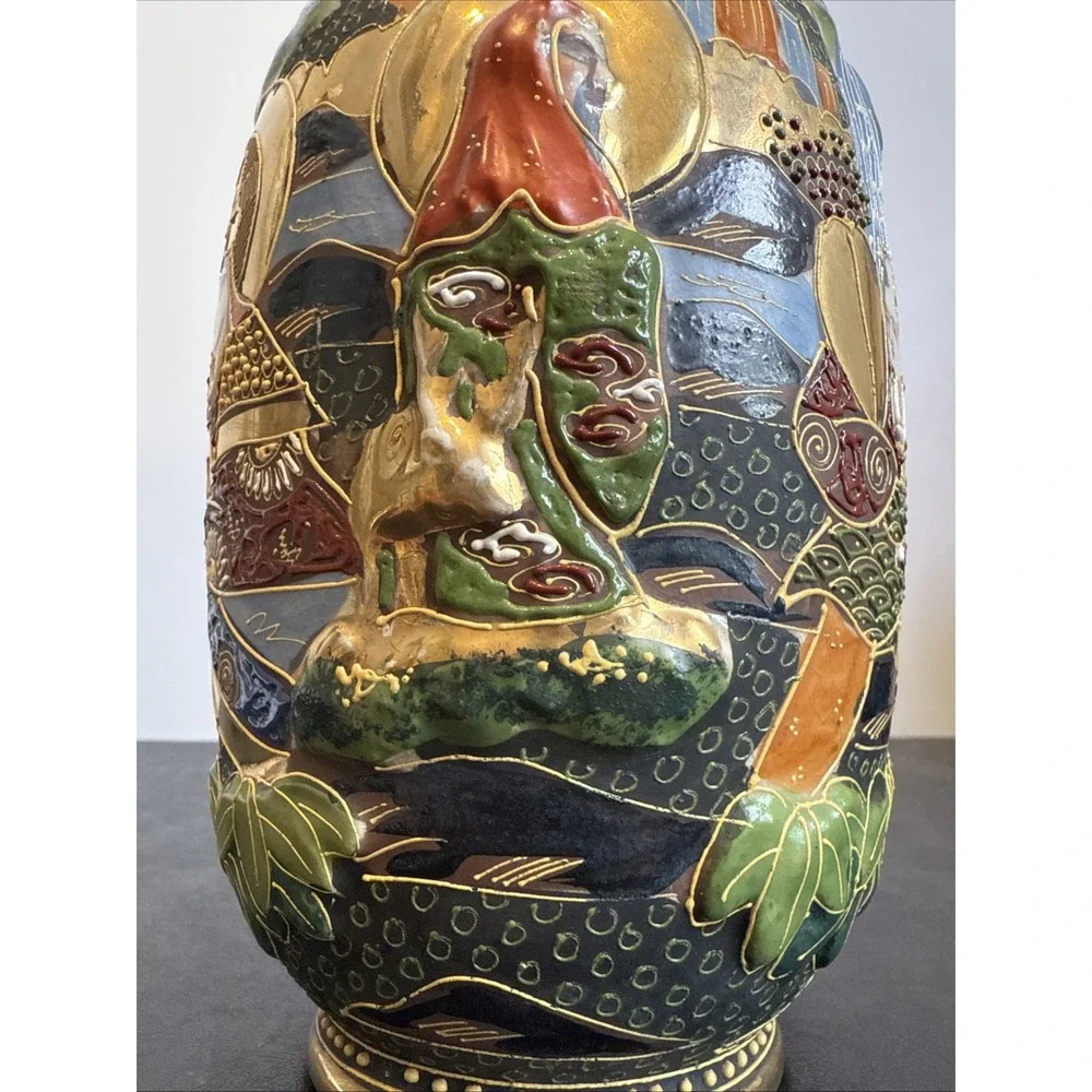Antique Japanese Intricate Raised Enamel Moriage Satsuma Vase 6 Immortals Dragon